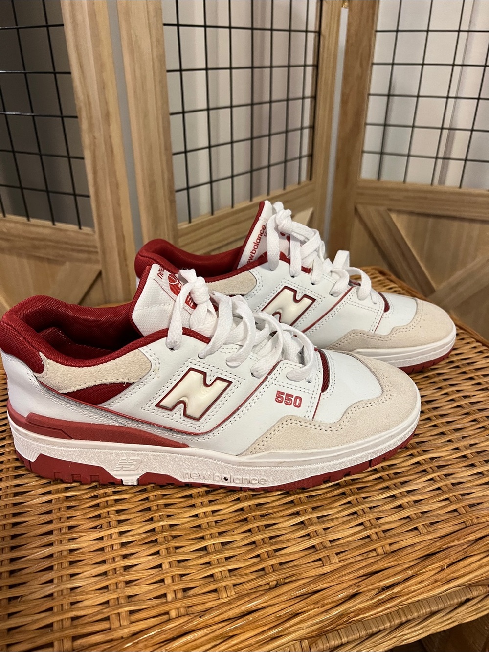 Youth 7 New Balance 550 White and Red Low-Top Sneakers